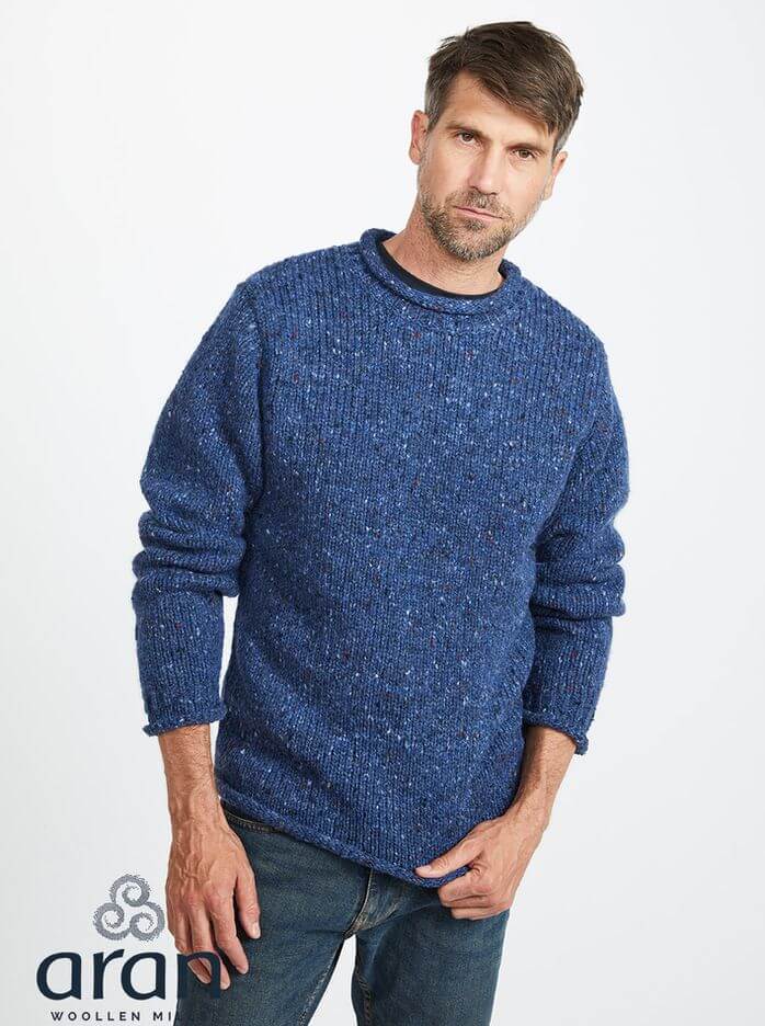 Irischer Tweedpullover mit kleinen Rollkragen blaumeliert XXL